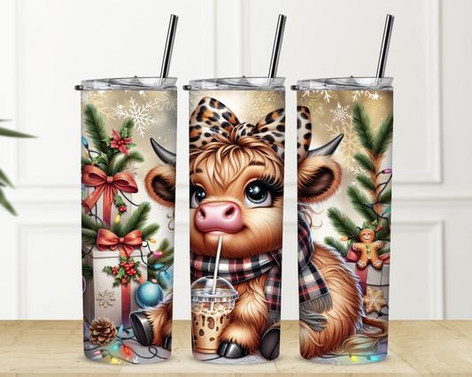 Highland Cow and Leopard Christmas 20 oz Skinny Sublimation Tumbler