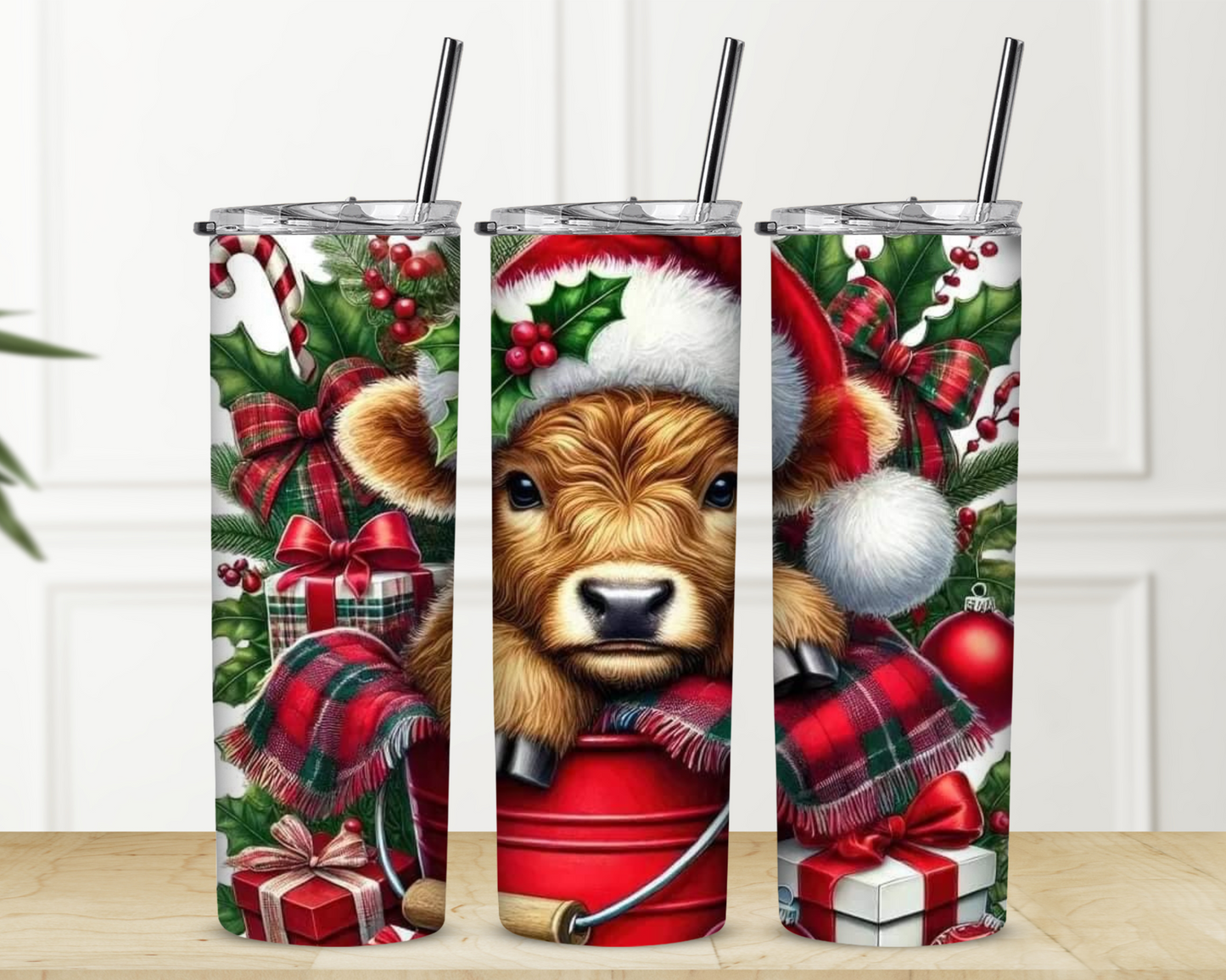 Highland Cow Inside Bucket Christmas 20 oz Skinny Sublimation Tumbler