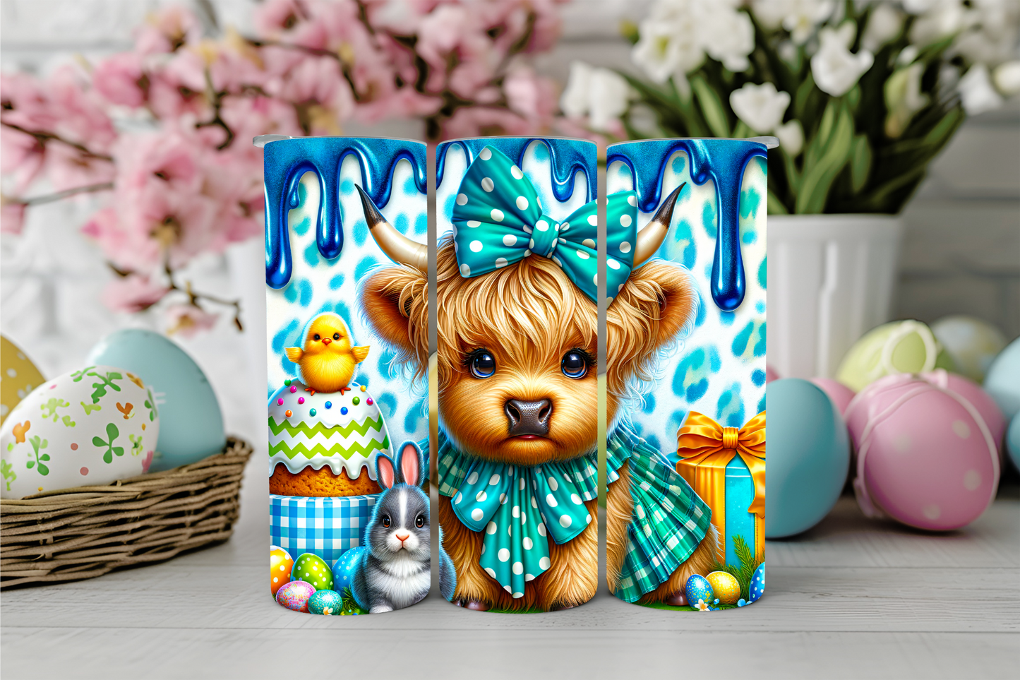 Highland Cow with Blue Leopard Easter 20oz Sublimation Tumbler