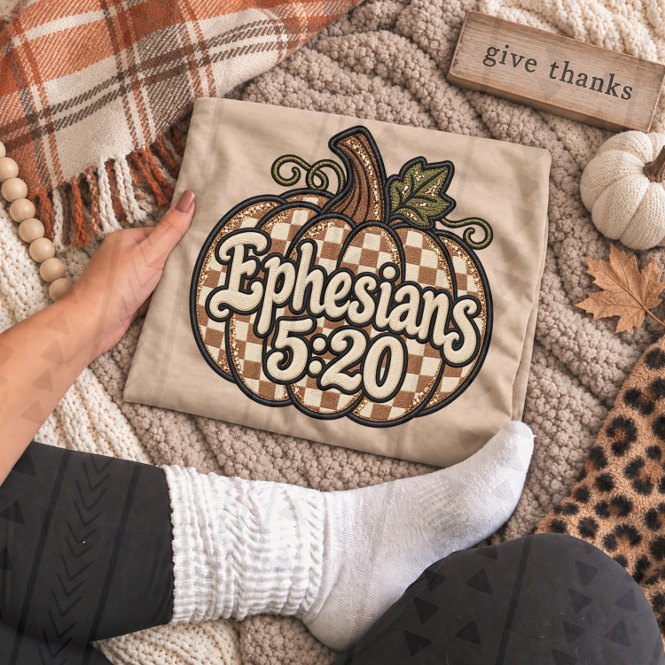Faux Embroidered Plaid Pumpkin Ephesians 5:20