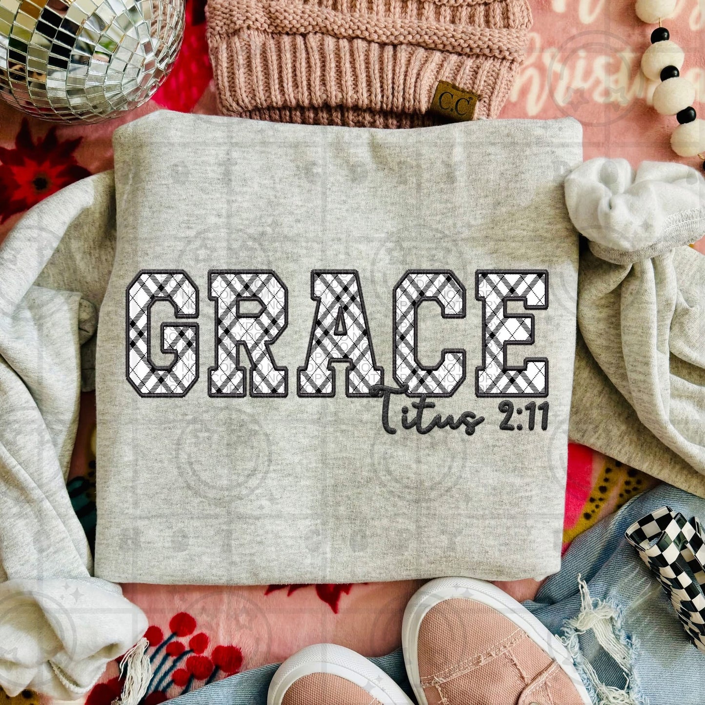 Plaid Faux Embroidery GRACE  Titus 2:11