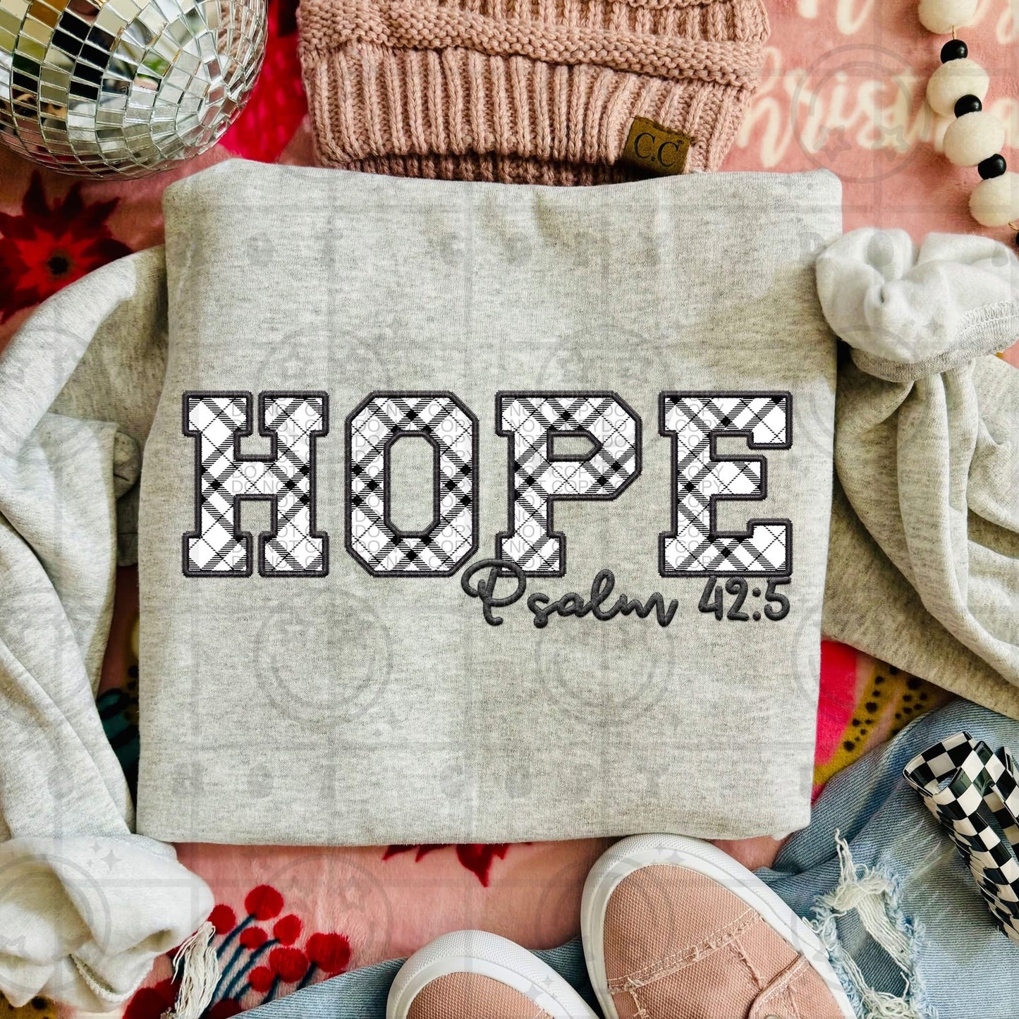 Plaid Faux Embroidery HOPE  Psalm 42:5