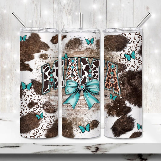 Turquoise and Cow Print Mama 20 oz Skinny Sublimation Tumbler