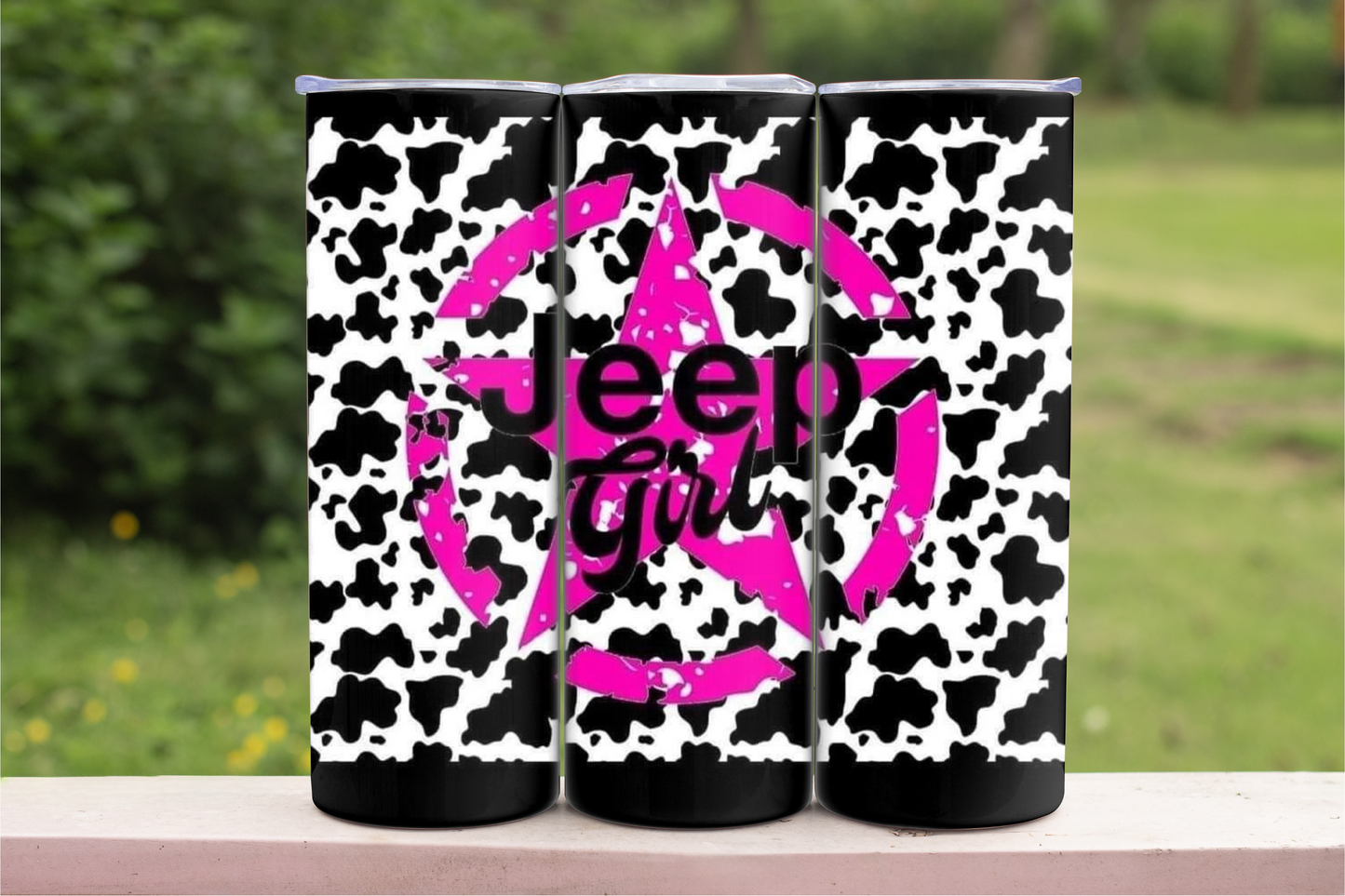 Pink Jeep Girl with Cow Print 20 oz Skinny Sublimation Tumbler