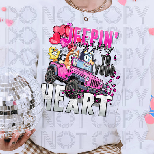 Jeepin My Way To Your Heart Bluey Pink Jeep