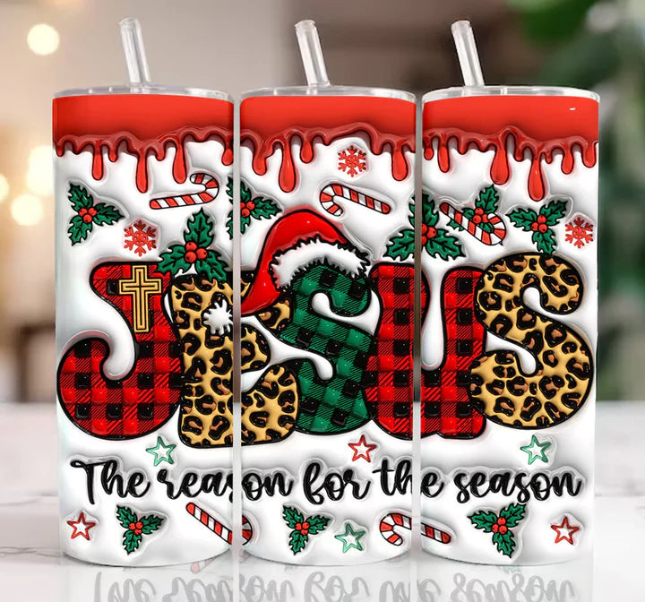 Jesus Reason for Season Candy Cane Inflated 20 oz Skinny Sublimation Tumbler
