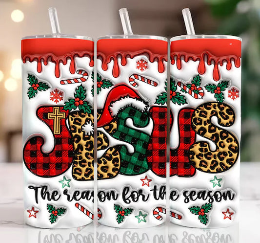 Jesus Reason for Season Candy Cane Inflated 20 oz Skinny Sublimation Tumbler