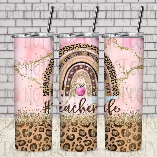 Leopard Teacher Life Rainbow 20 oz Skinny Sublimation Tumbler