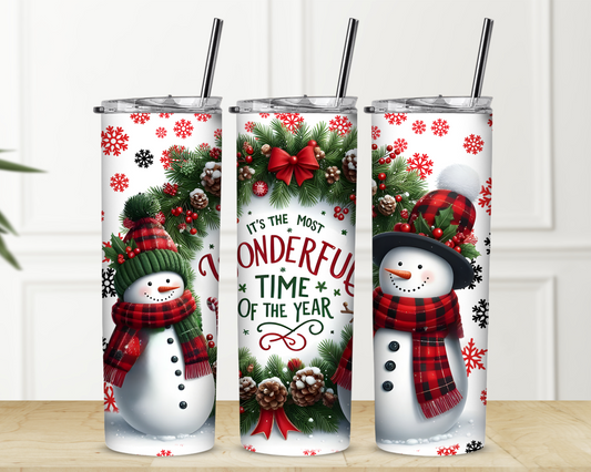 Most Wonderful Time of Year Snowman 20 oz Skinny Sublimation Tumbler