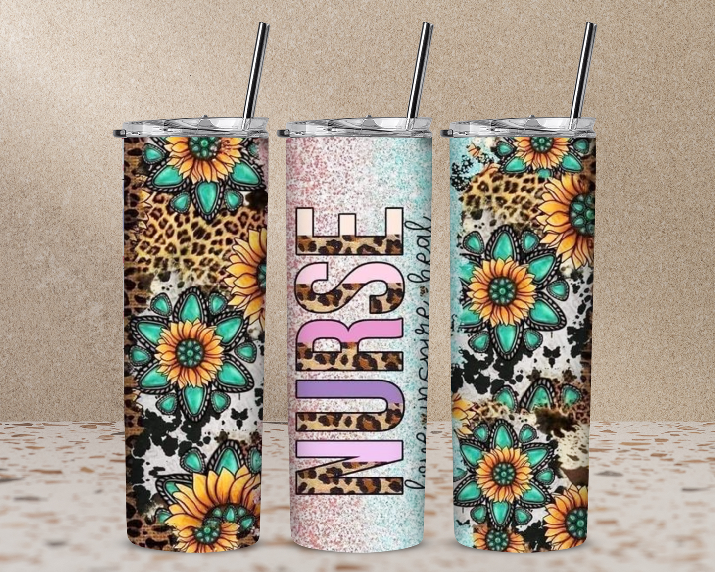 Nurse with Sunflowers and Leopard 20 oz Skinny Sublimation Tumbler