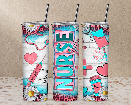 Pink with Daisies Nurse Life 20 oz Skinny Sublimation Tumbler
