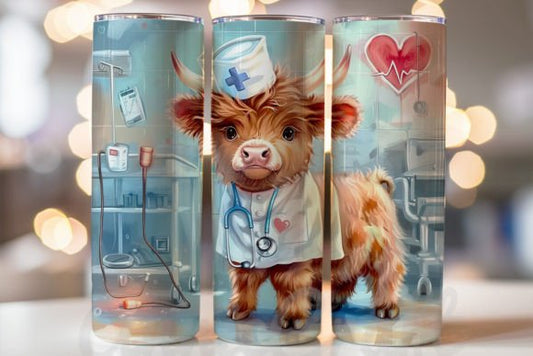 Nurse Themed Highland Cow 20 oz Skinny Sublimation Tumbler