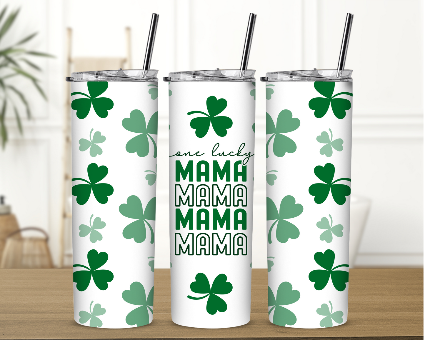 One Lucky Mama Stacked 20 oz Skinny Sublimation Tumbler