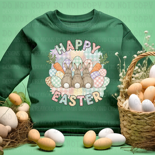 Pastel Gingham Happy Easter with Trio of Bunnies