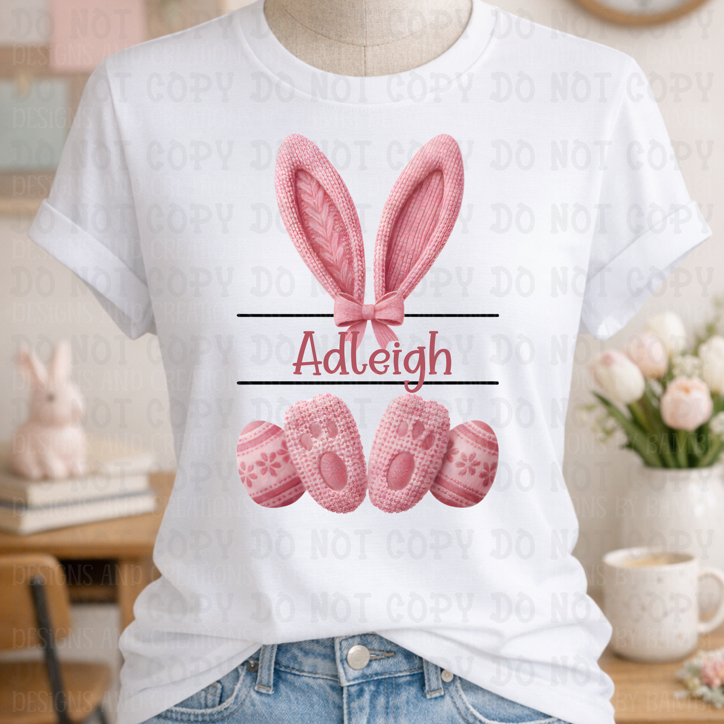 Faux Yarn Pink Bunny Personalized with Giraffe Highlight Font