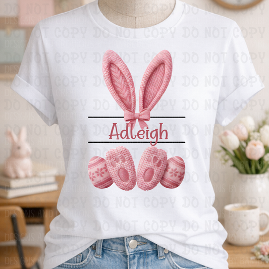 Faux Yarn Pink Bunny Personalized with Giraffe Highlight Font