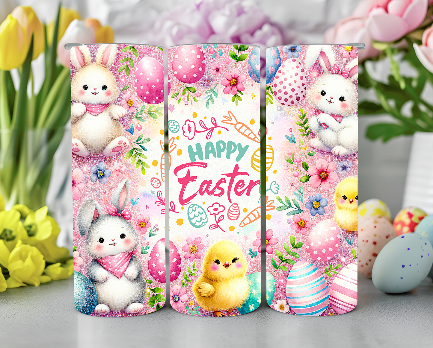 Pastel Happy Easter with Bunnies and Chicks 20oz Sublimation Tumbler
