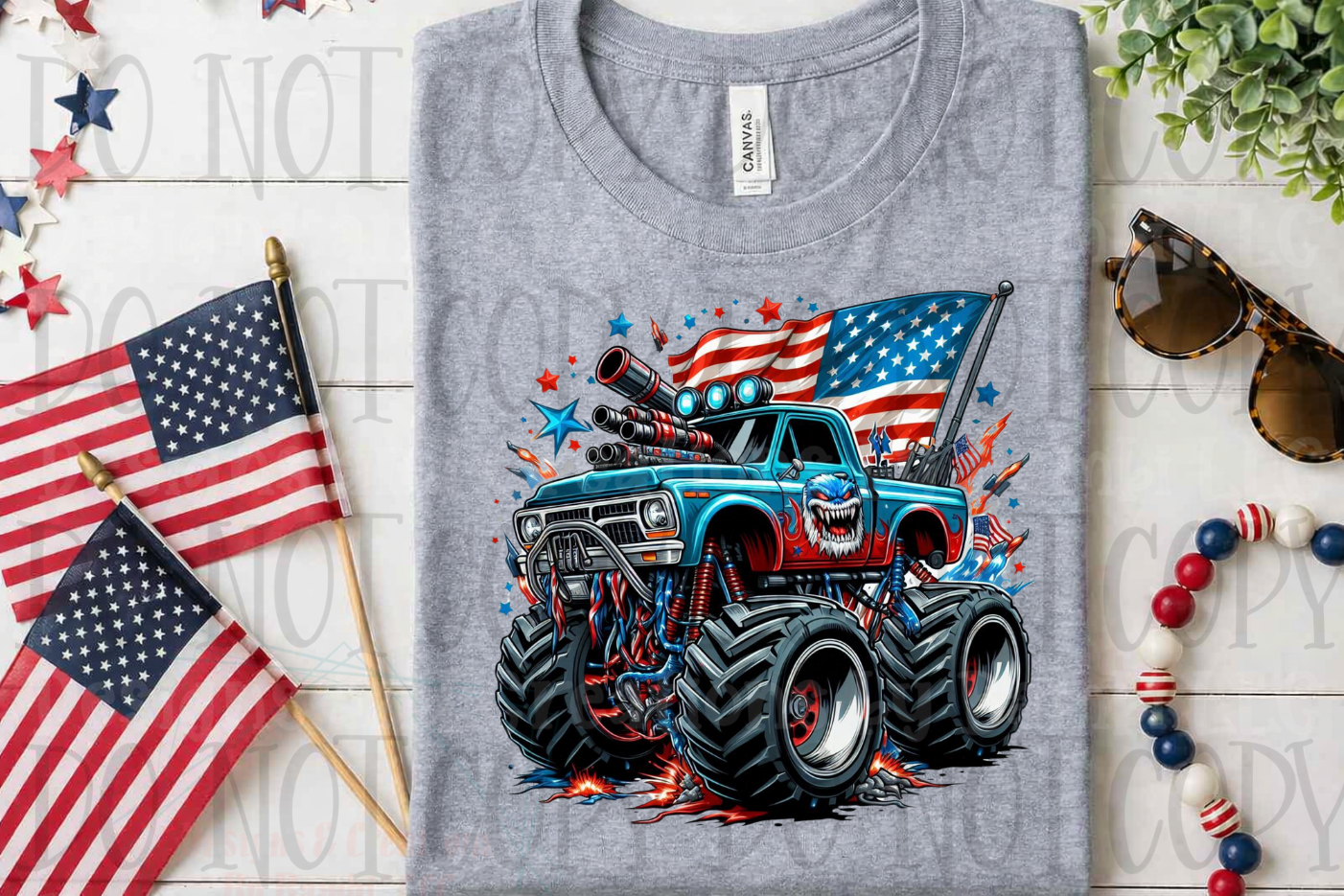 Patriotic Blue Monster Truck with Flag
