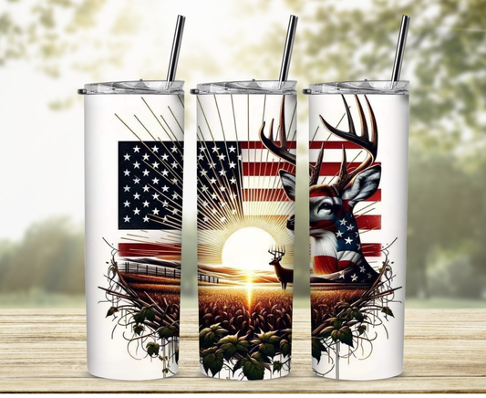 Patriotic Deer and Flag 20 oz Skinny Sublimation Tumbler