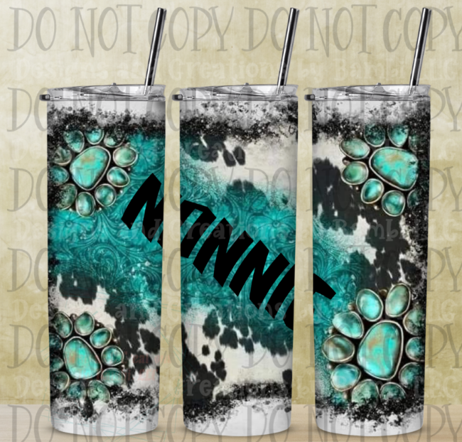 Personalized Turquoise and Cowprint 20oz Skinny Sublimation Tumbler