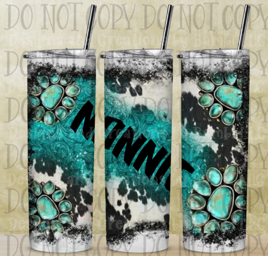 Personalized Turquoise and Cowprint 20oz Skinny Sublimation Tumbler