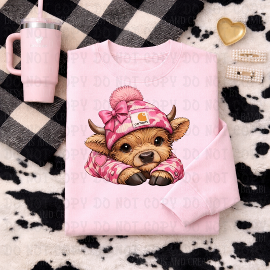 Pink Camo Lying Carhartt Highland Cow