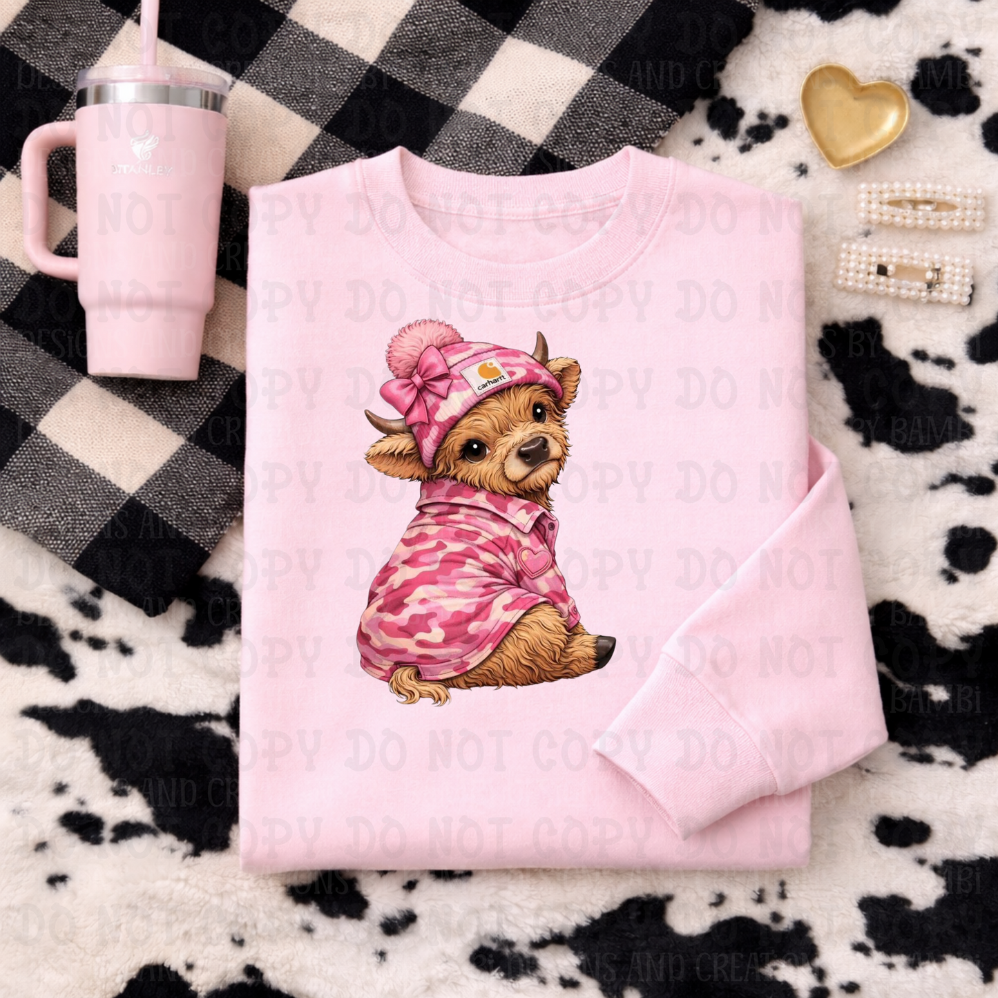 Pink Camo Sitting Prissy Carhartt Highland Cow