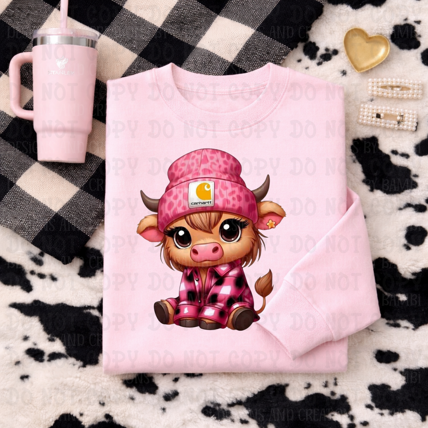 Pink Checkered Carhartt Highland Cow