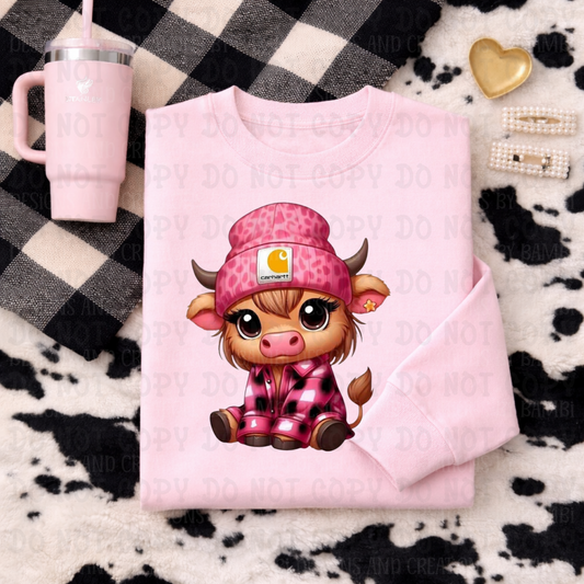Pink Checkered Carhartt Highland Cow