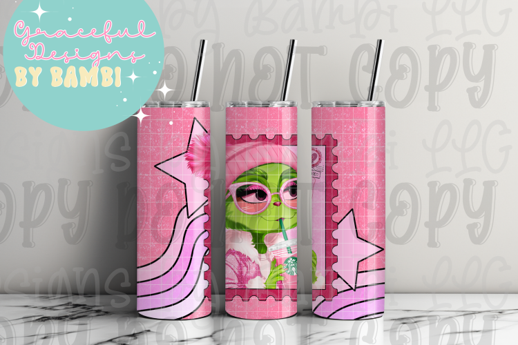 20oz Tall Skinny Sublimation Pink Grinch Stamp Tumbler