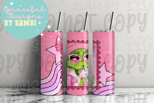 20oz Tall Skinny Sublimation Pink Grinch Stamp Tumbler