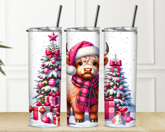 Pink Highland Cow Christmas 20 oz Skinny Sublimation Tumbler