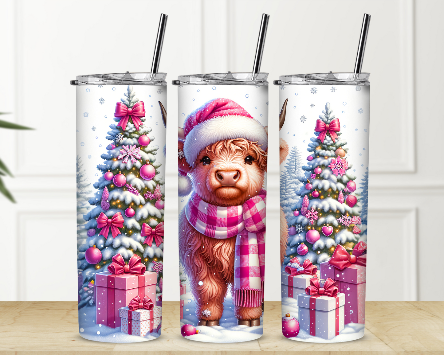 Pink Highland Cows and Duo Trees Christmas 20 oz Skinny Sublimation Tumbler