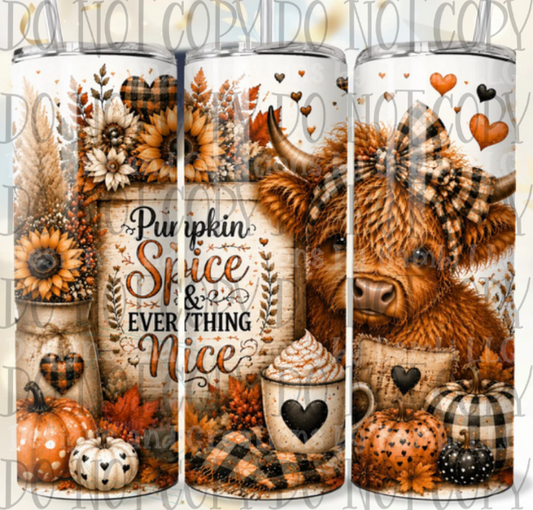 Pumpkin Spice and Everything Nice Highland Cow 20oz Skinny Sublimation Tumbler