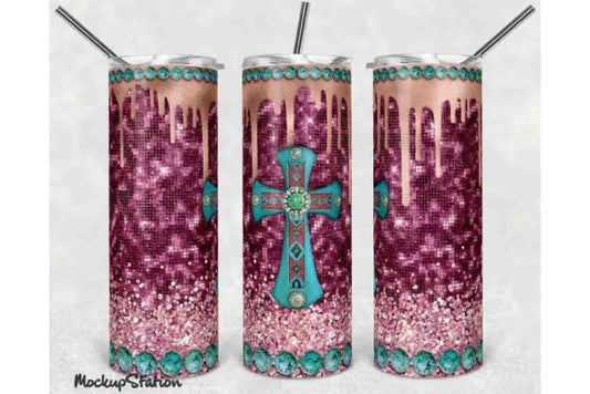 Purple Glitter Cross 20oz Sublimation Tumbler