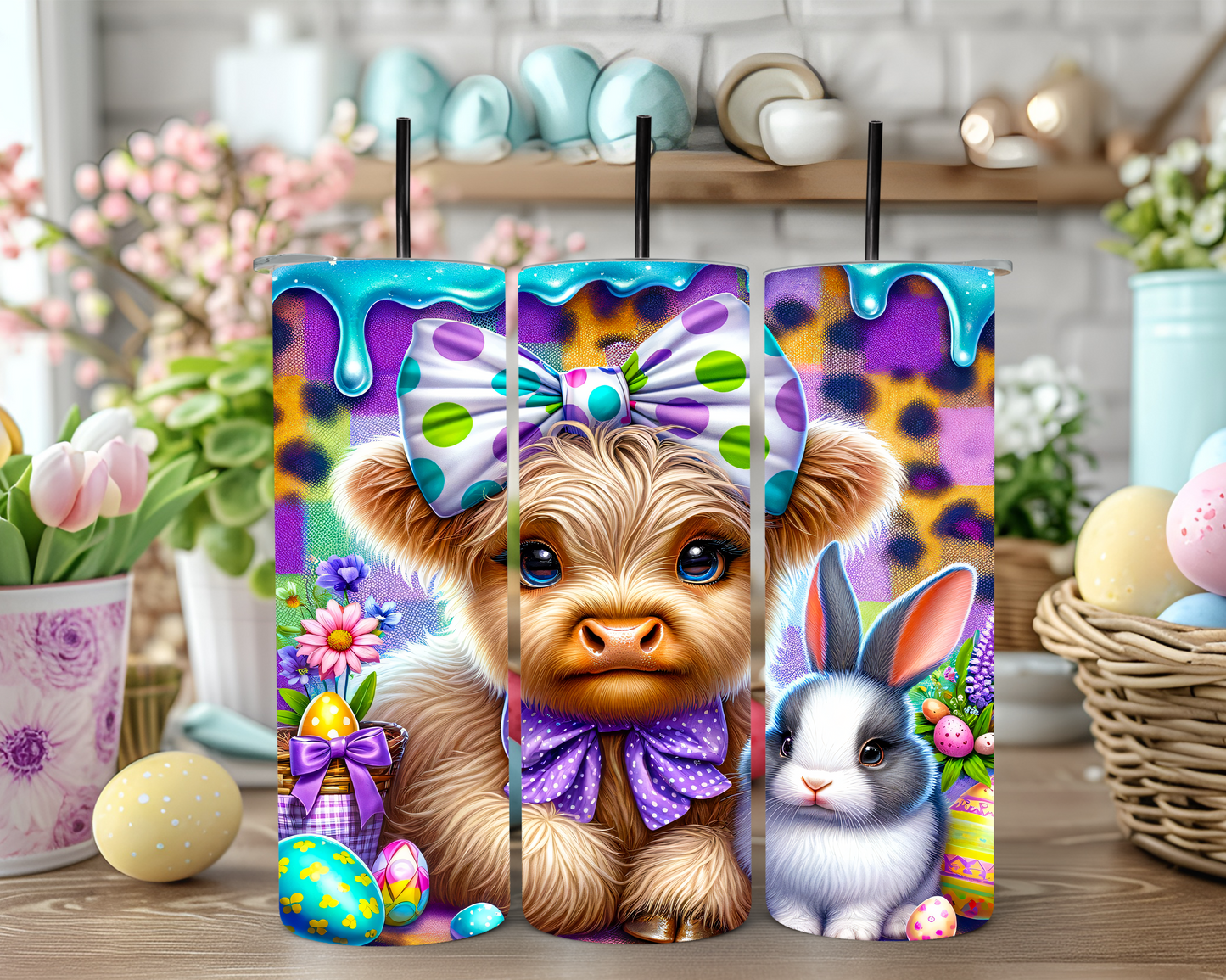 Purple Turquoise Easter Highland Cow 20oz Sublimation Tumbler