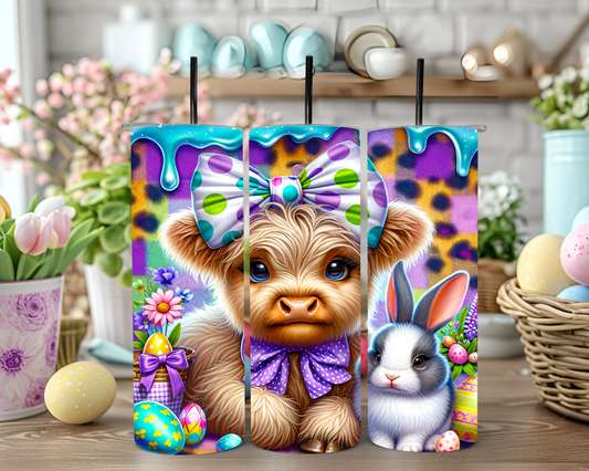Purple Turquoise Easter Highland Cow 20oz Sublimation Tumbler
