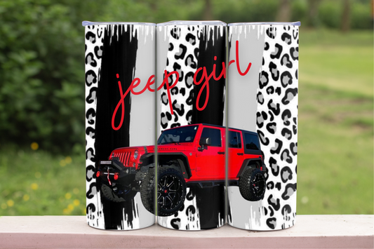 Red Jeep Girl with Leopard 20 oz Skinny Sublimation Tumbler