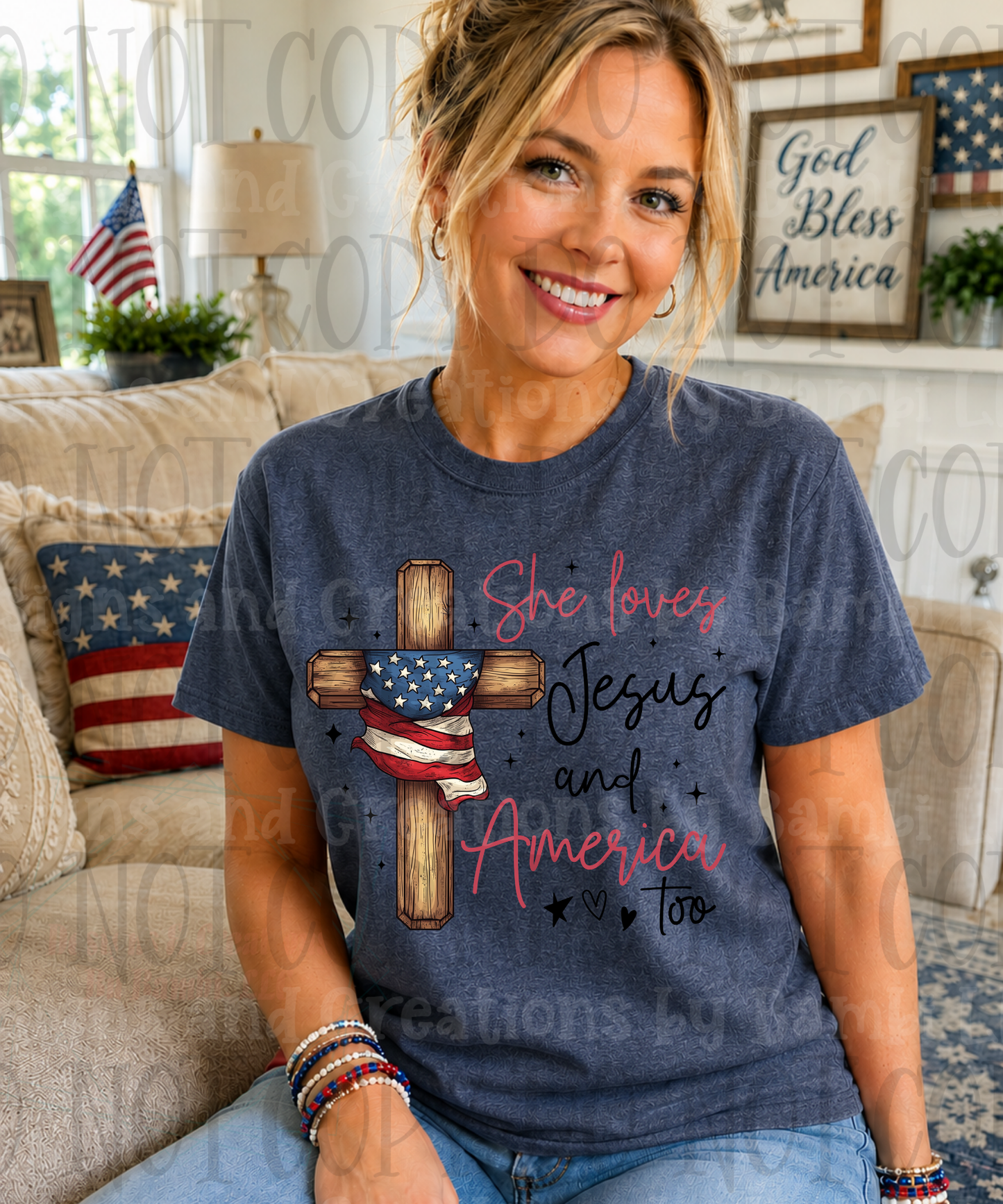 She Loves Jesus and America Too with Wooden Cross
