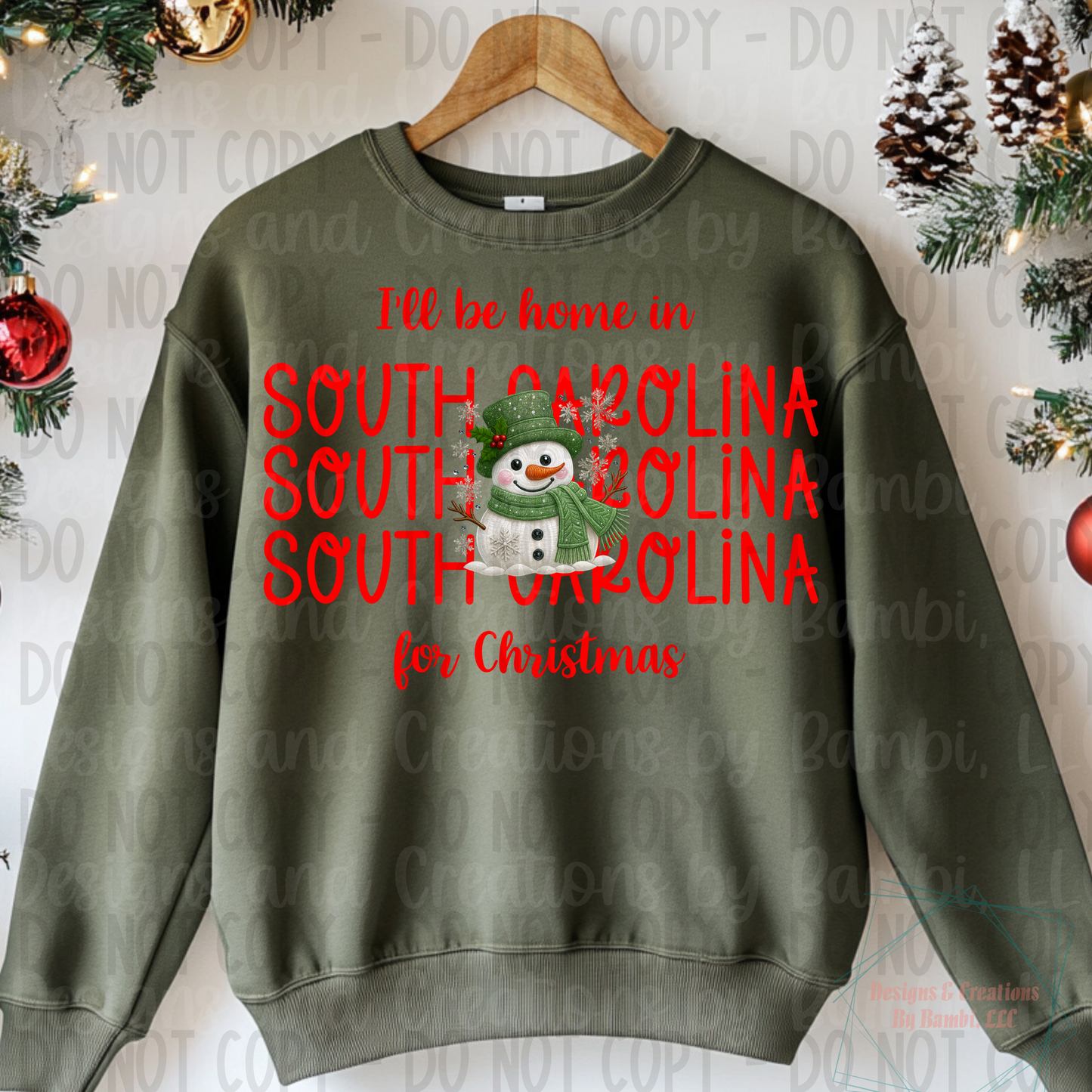 I'll Be Home In States Sage Green Snowman with Red Font Collection