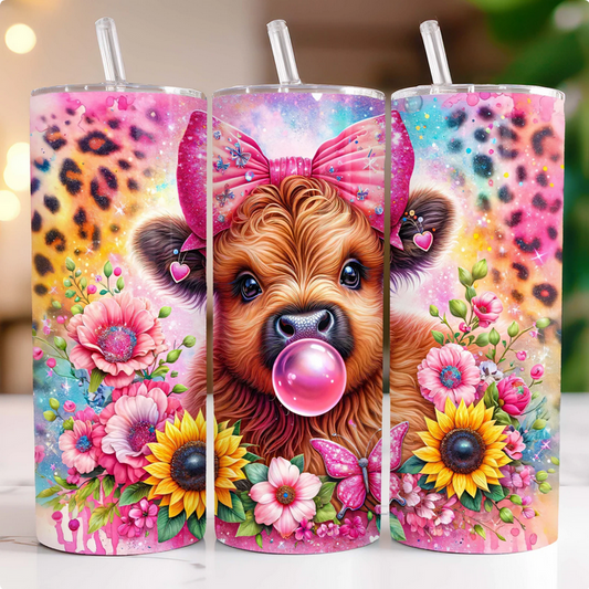 Sunflowers and Leopard Highland Cow 20 oz Skinny Sublimation Tumbler