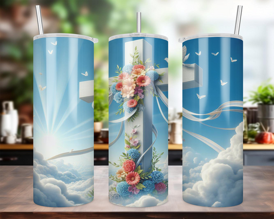 Single White Cross 20 oz Skinny Sublimation Tumbler