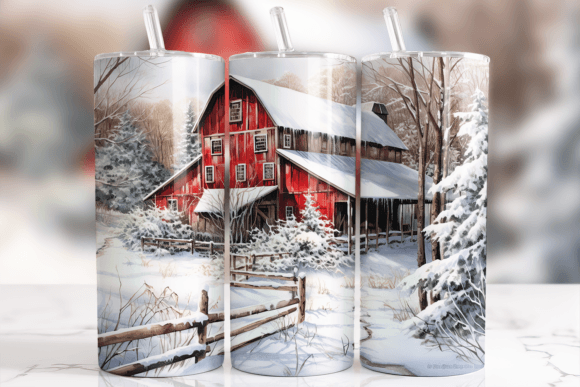 Snowy Red Barn Christmas 20 oz Skinny Sublimation Tumbler