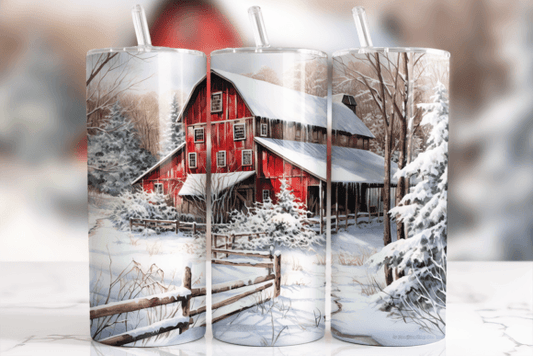 Snowy Red Barn Christmas 20 oz Skinny Sublimation Tumbler