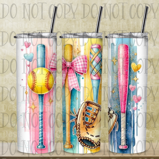 20oz Sublimation Softball, Bats, and Glove Pastel 20 oz Skinny Sublimation Tumbler