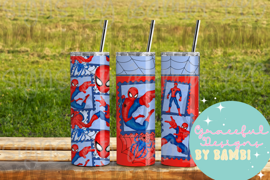 20oz Tall Skinny Sublimation Spider Man and Web Tumbler