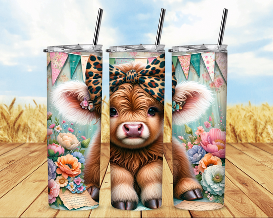 Spring Highland Cow with Leopard Bow 20 oz Skinny Sublimation Tumbler
