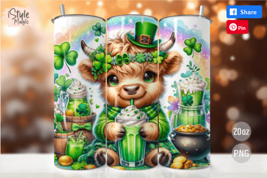 St. Patrick's Day Highland Cow 20 oz Skinny Sublimation Tumbler