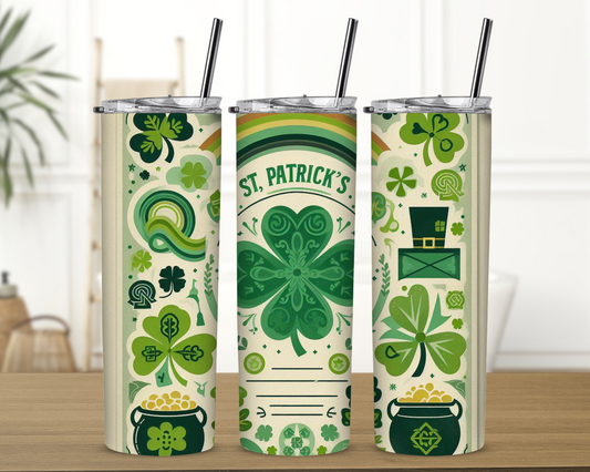 St Patrick's Day with Clover Vintage 20 oz Skinny Sublimation Tumbler