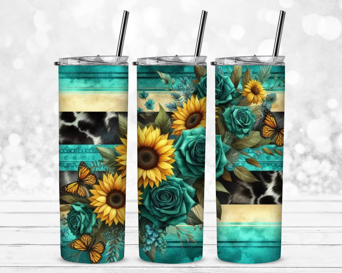 Sunflowers Roses and Cowprint 20 oz Skinny Sublimation Tumbler